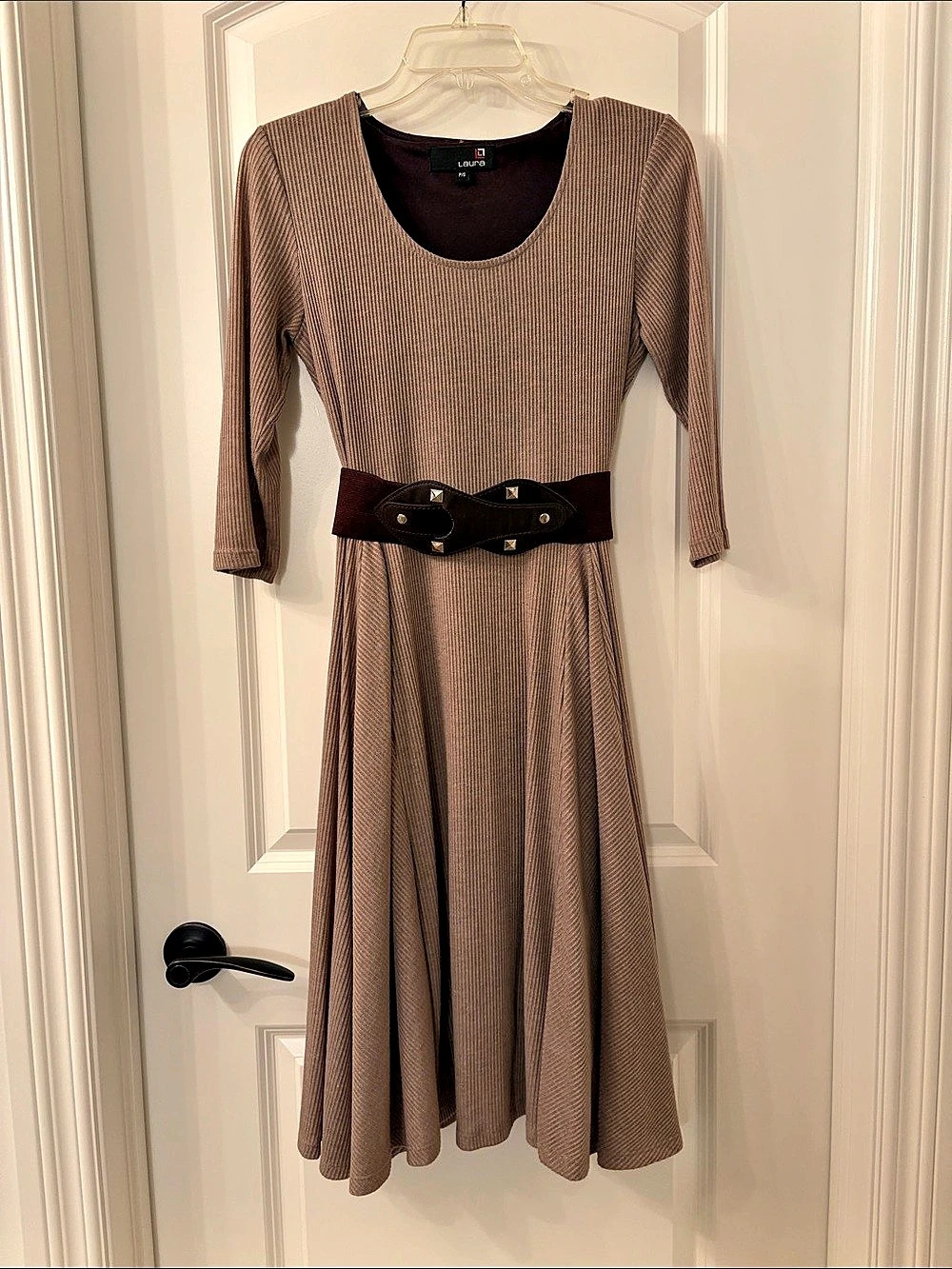 Laura Women's Belted Midi Dress Tan/Brown Size S